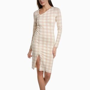 Naadam Plaid Knit Sweater Dress Beige Bodycon Long Sleeve Adjustable Slit S
